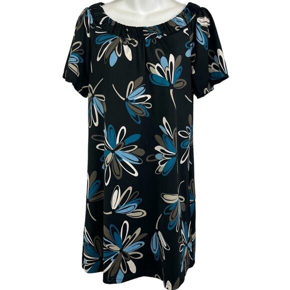 Ann Taylor Loft Blue Black Floral Shift Style Jersey Knit Stretch Dress sz Small - Picture 1 of 16